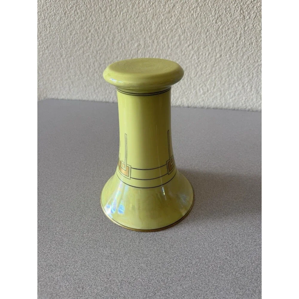 Vintage Art Deco Yellow Ceramic Vase Geometric Gold Black Trumpet 8” Unmarked